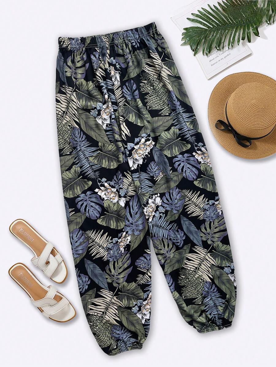 SHEIN Holidaya Women's Comfortable And Elegant Palm Leaf Printed Pants