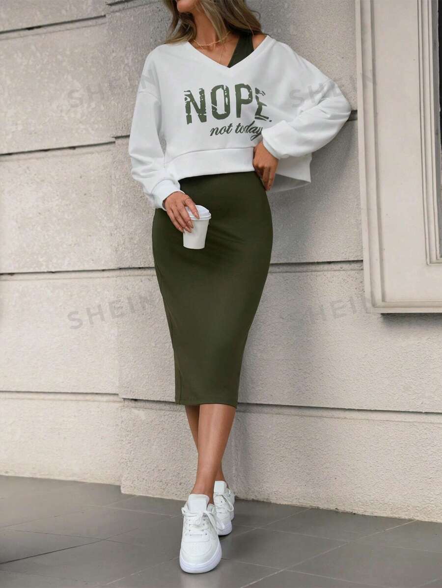 SHEIN LUNE Conjunto De Sudadera Con Cuello Caído Para Mujer Y Vestido Sin Mangas Con Estampado De Letras