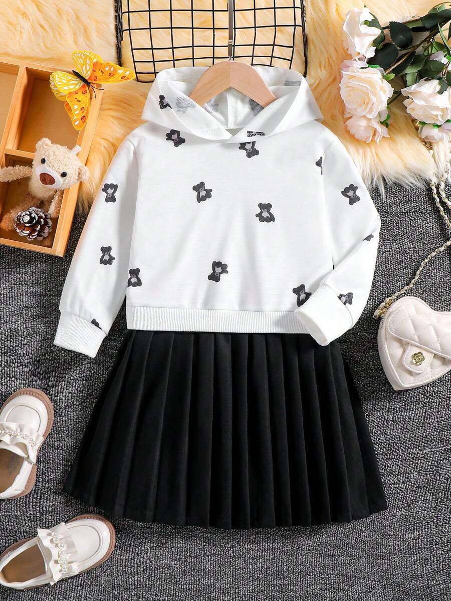 SHEIN Ragazzine Abito felpa con cappuccio con stampa orso orlo plissettato