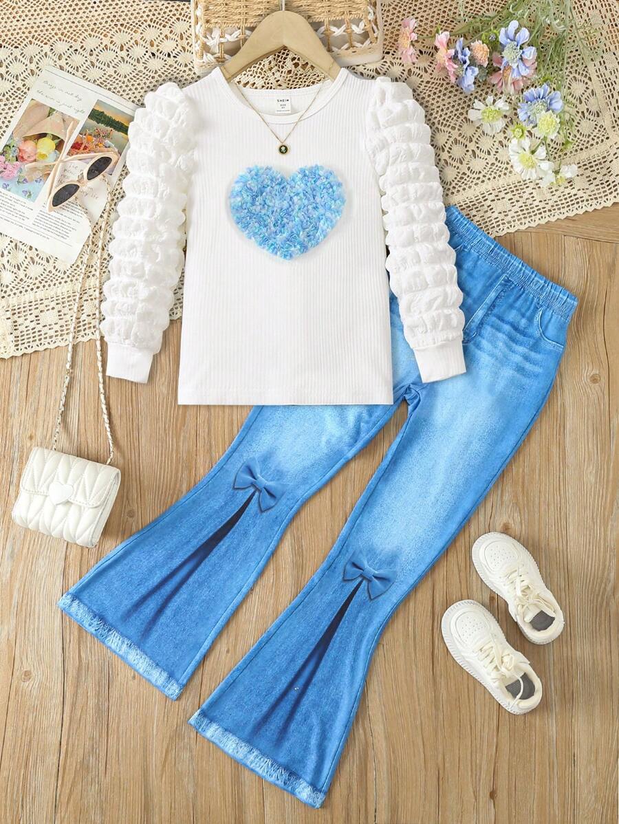 SHEIN Garota pré-adolescente Coração Corrigida Manga Bufante Camiseta & Denim Efeito Imprimir Calças Perna Flare