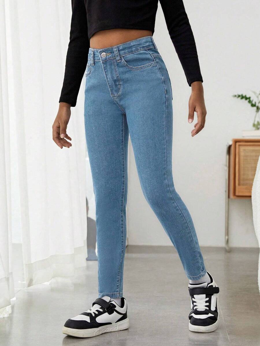 SHEIN Tween Girl All-Match Casual Everyday Minimalist Academic Style Adjustable Elastic Waist High Stretch 5-Pocket Skinny Jeans, With Pockets, Versatile Year-Round Essential Fashion Item
