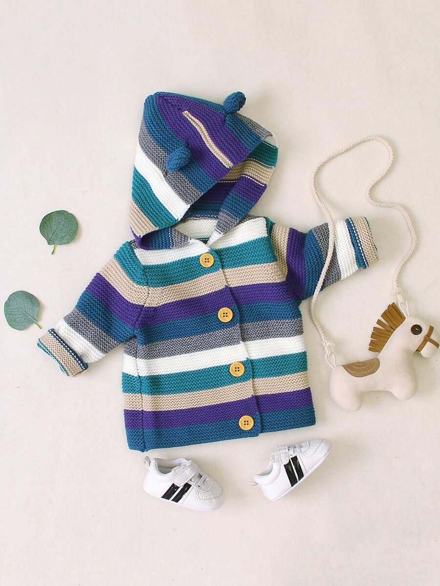 Girls Baby Striped 3d Ear Design Hooded Cardigan