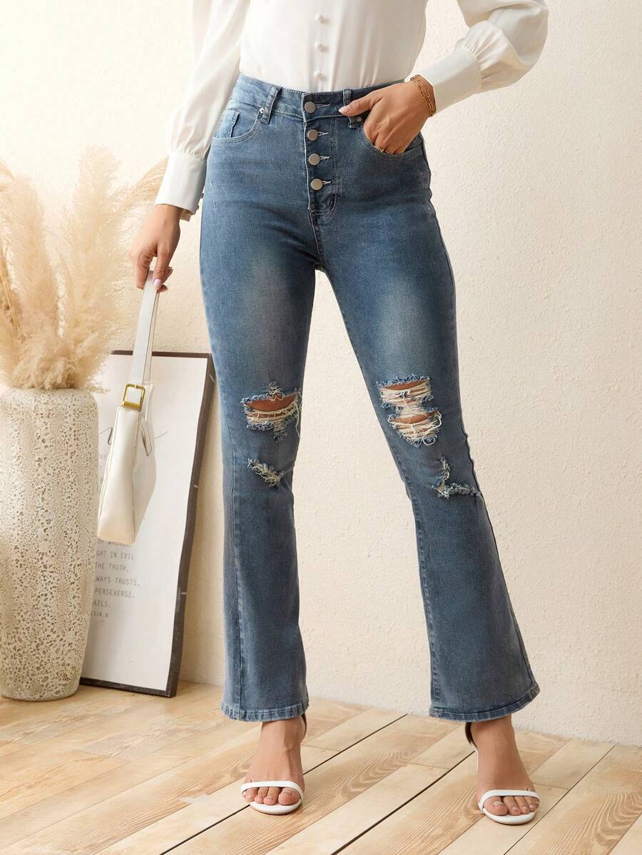 SHEIN LUNE Button Fly Ripped Flare Leg Jeans