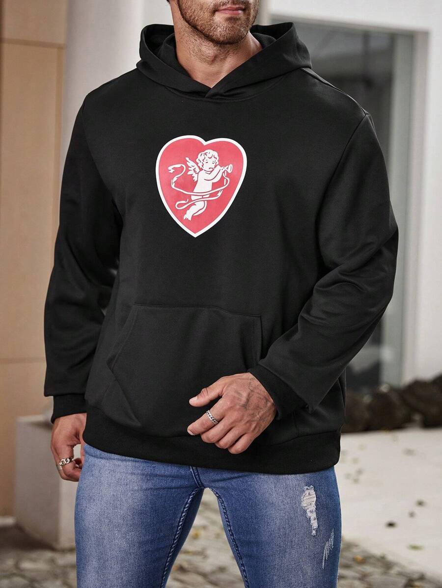 Manfinity Homme Hombres talla grande Capucha con corazón & con estampado de figura con bolsillo de canguro
