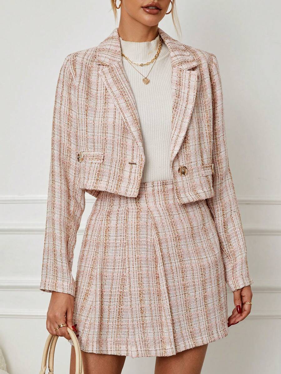RueChic Ensemble De Blazer Et De Jupe À Carreaux À Revers À Bouton Unique