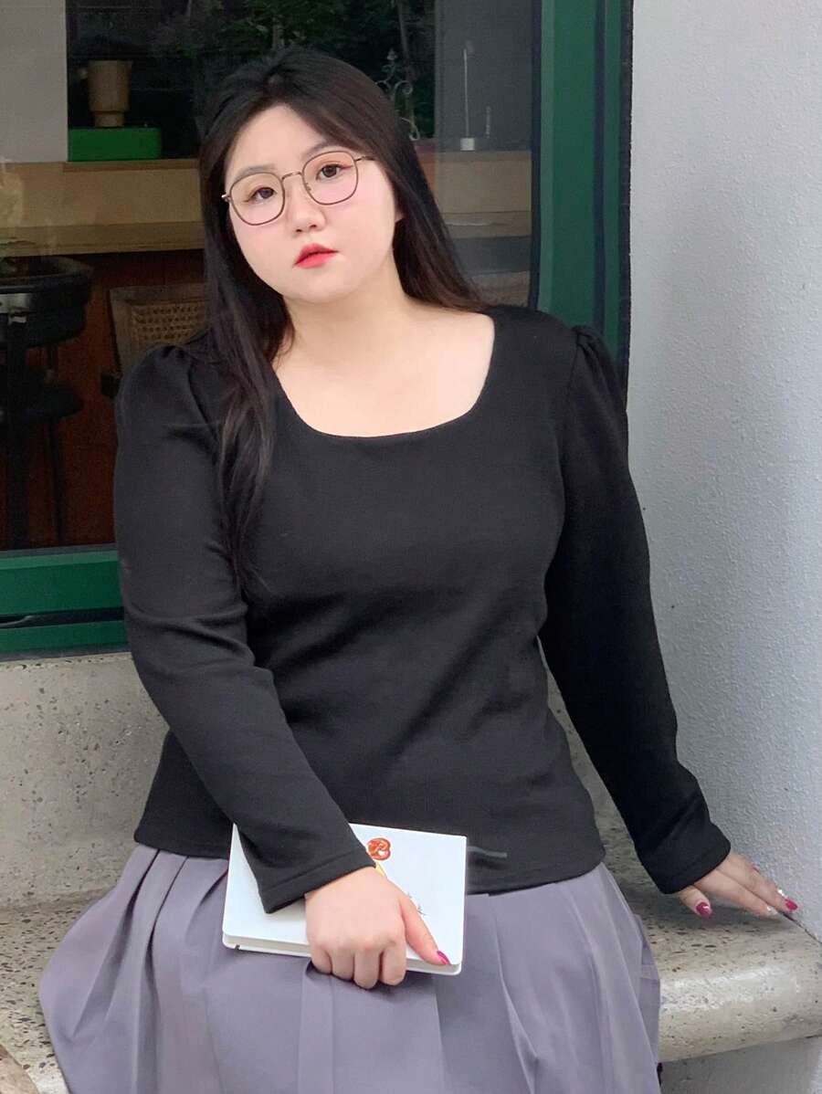 Dazy Plus Plus Size Women's Puff Sleeve T-Shirt With Square Neckline,Fall Women Clothes