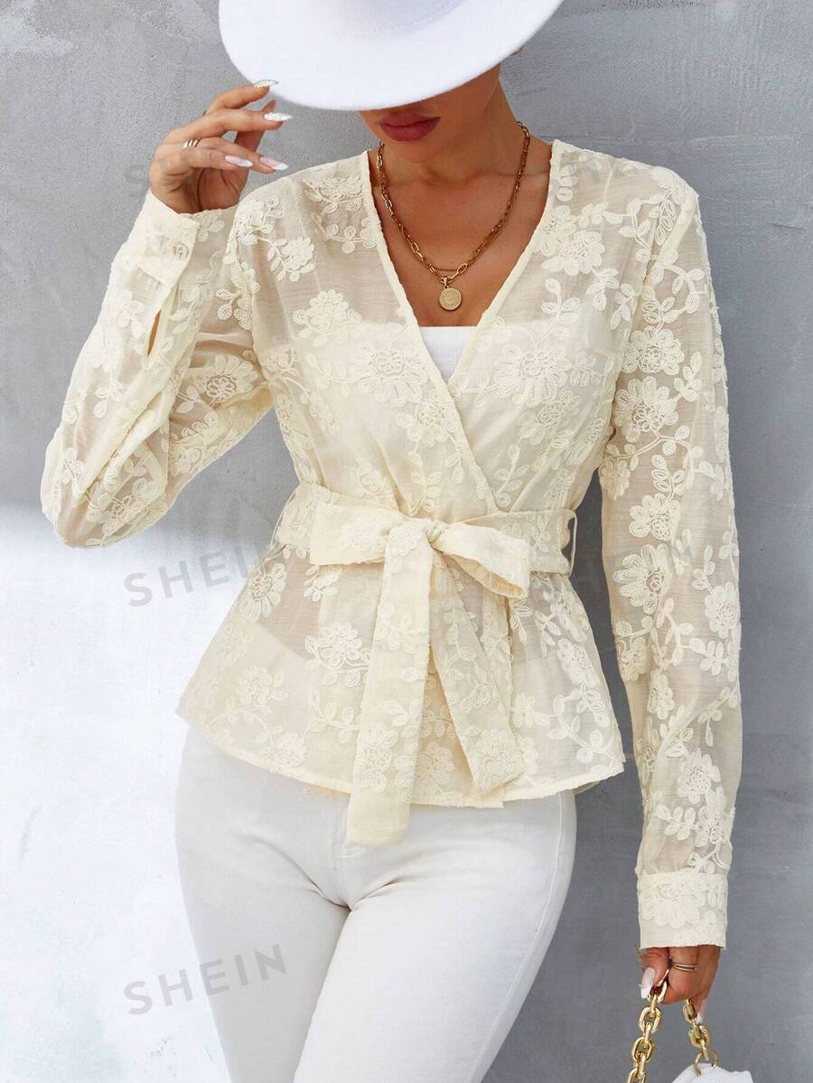 Aveloria Blusa floral jacquard con cinturón sin camisola