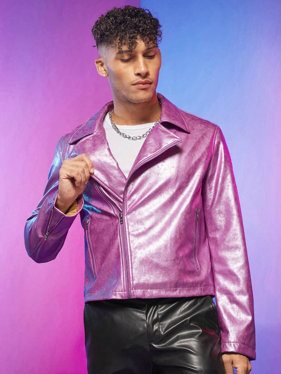 FeverCity Men Lapel Collar Zip Up PU Leather Moto Jacket