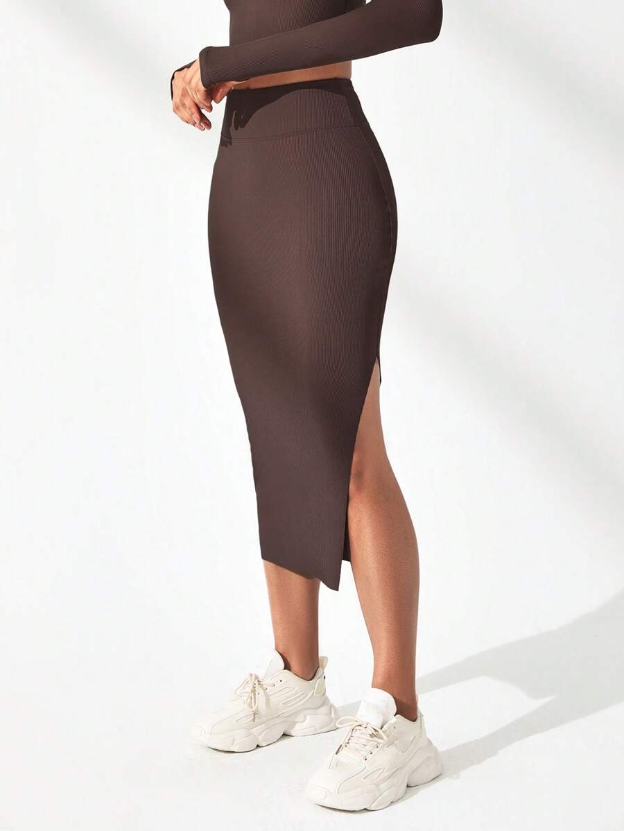 SHEIN Sport Studio Sólido Split Thigh Canelado Esportes Saia