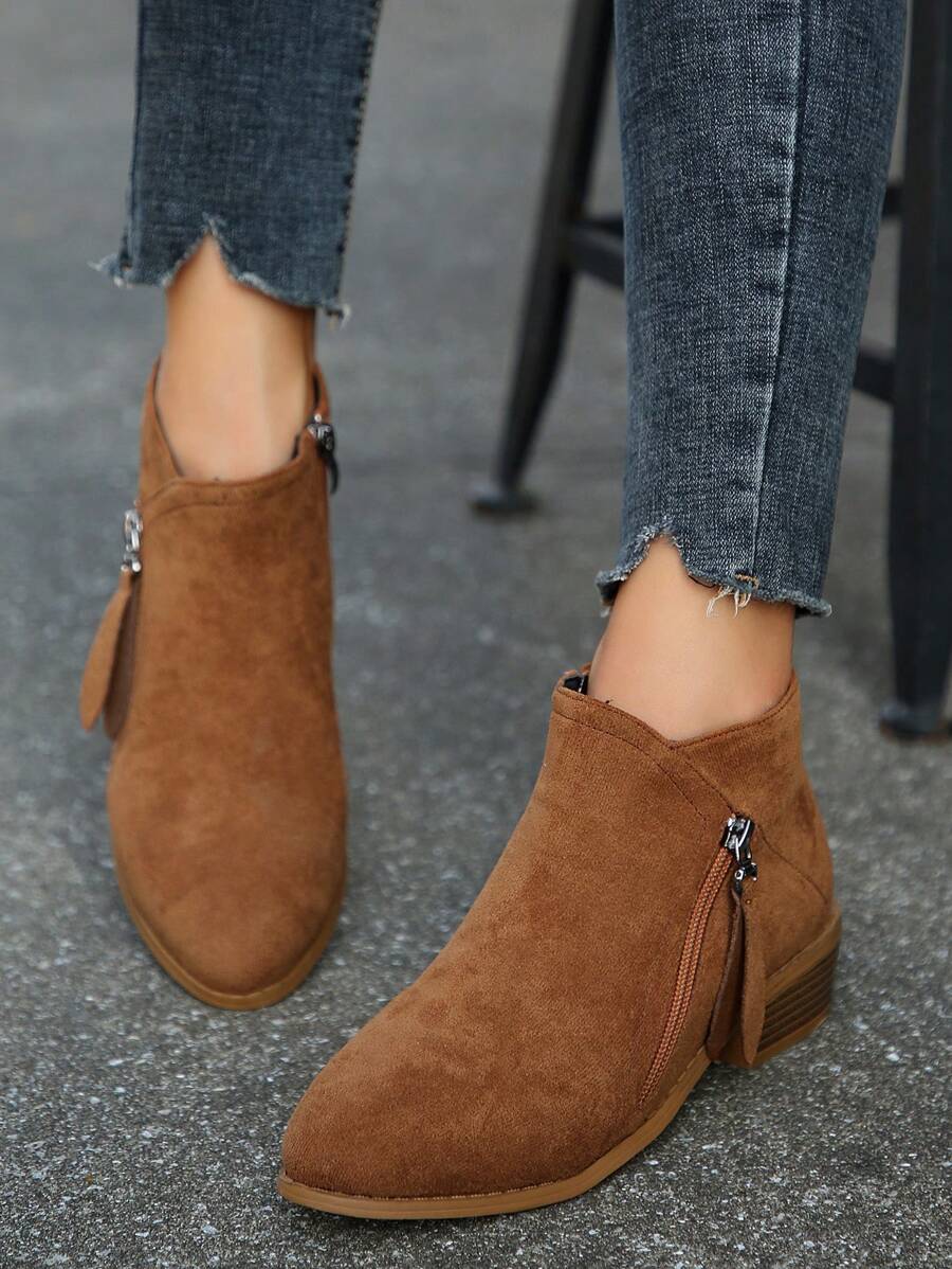 Women's Fashion Ankle Boots With Zipper Design, Mid-Heel Boots And Short Boots