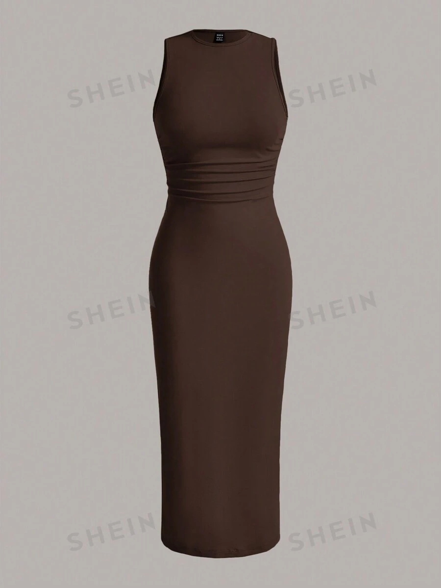 SHEIN EZwear Vestido de tirantes con cintura fruncida de color sólido de verano