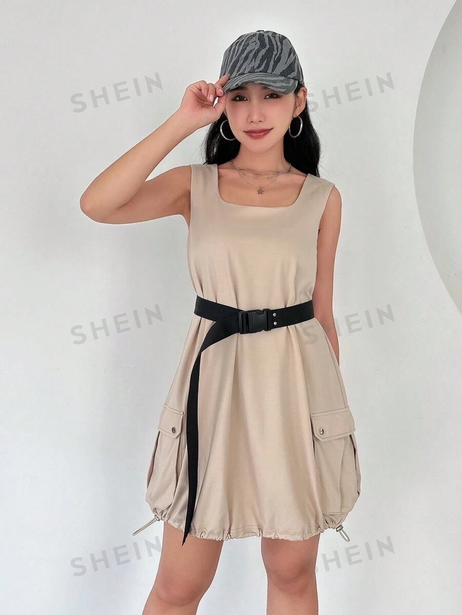 SHEINNeu Vestido De Mujer Con Bolsillo De Solapa Y Dobladillo Con Cordón