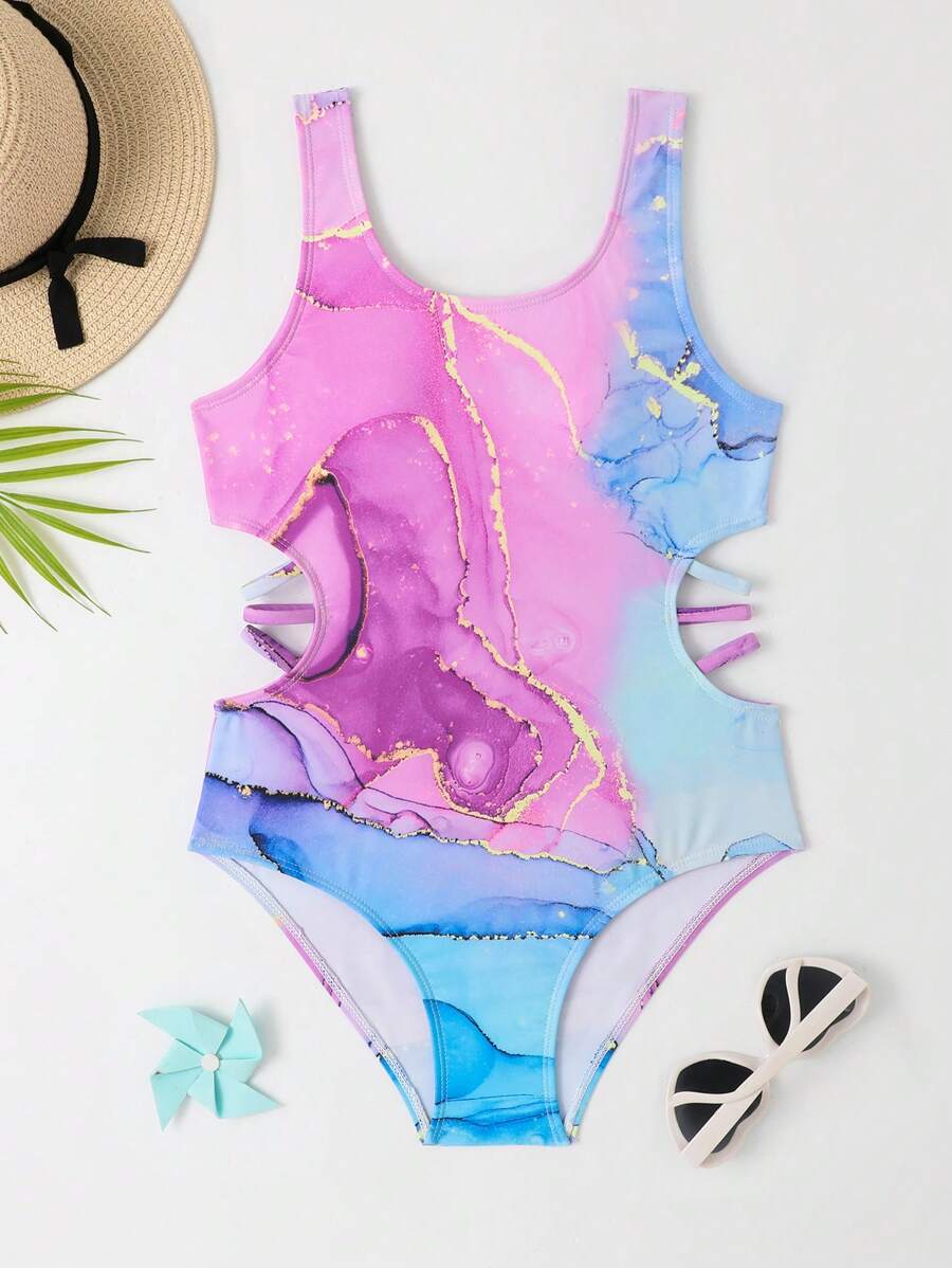 Tween Girl Marble Ombre Graphic Swimsuit, Heart & Style Gradient Pink/Blush Color, One-Piece Design, Great Gift For Valentine's Day'
