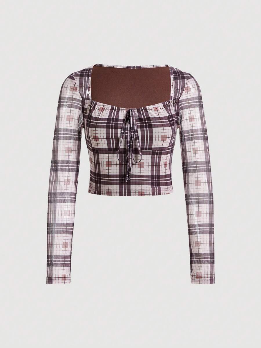 SHEIN MOD Plaid Print Knot Front Tee