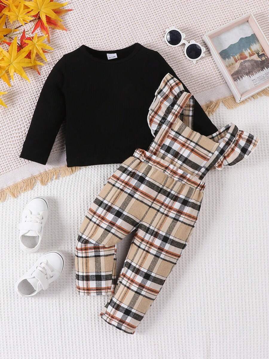 Bebé niña con estampado de cuadros ribete con fruncido Mono & Camiseta