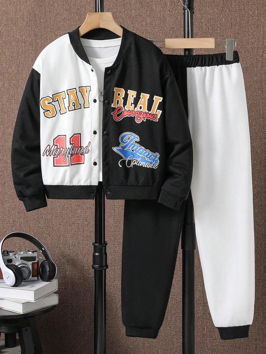 SHEIN Chica preadolescente Cazadora con estampado de letra de dos tonos cuello béisbol con pantalones deportivos sin camiseta
