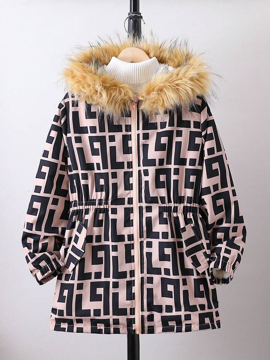 SHEIN Teenager Mädchen Mantel mit All Over Print flaumig Besatz Kapuze, Thermal Futter, ohne Pullover