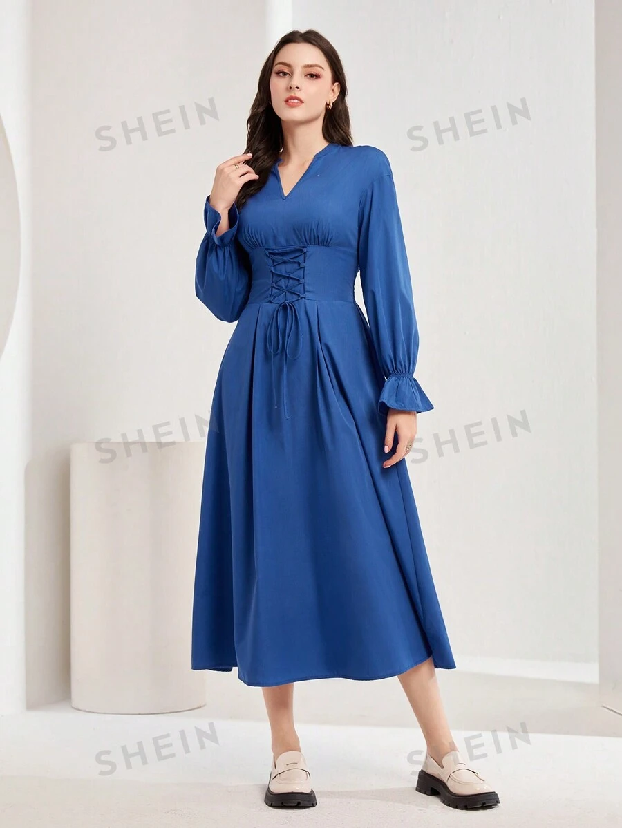 Mulvari Vestido de mujeres unicolor elegante de cintura con cordón