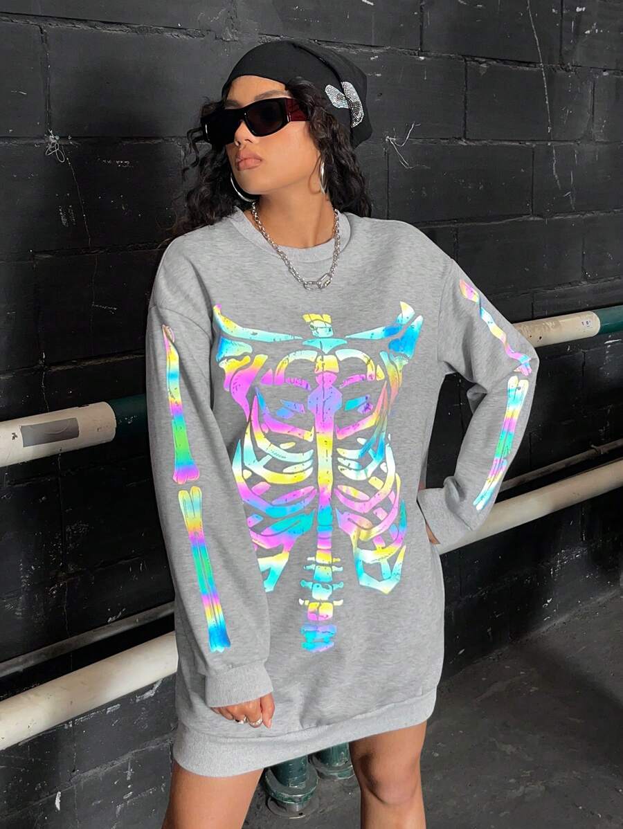 SHEIN EZwear Reflective Skeleton Print Drop Shoulder Sweatshirt Dress