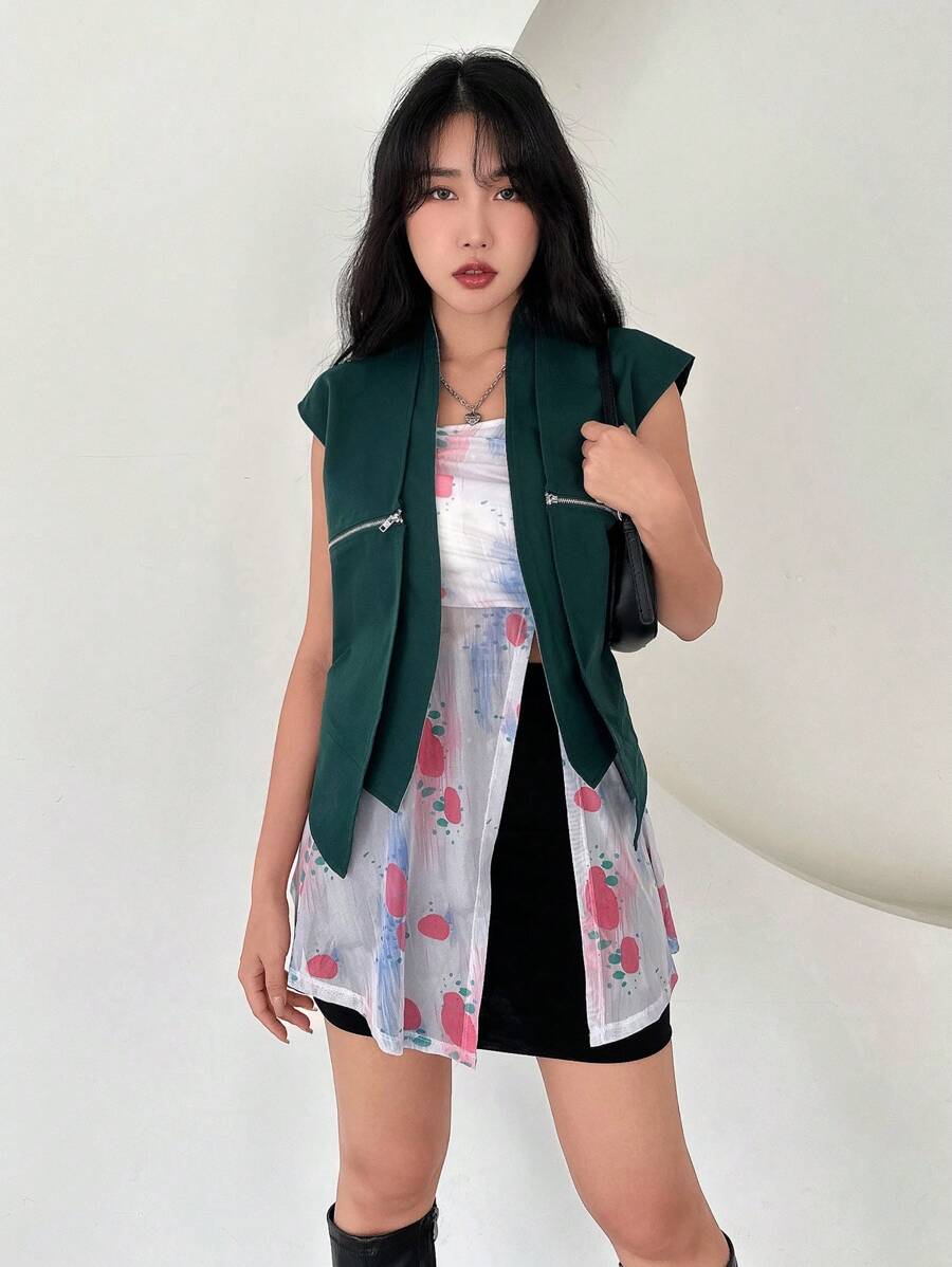 SHEINNeu Dames Rits Vest En Bloemen Geprint Strapless topje 2 stukken Sets