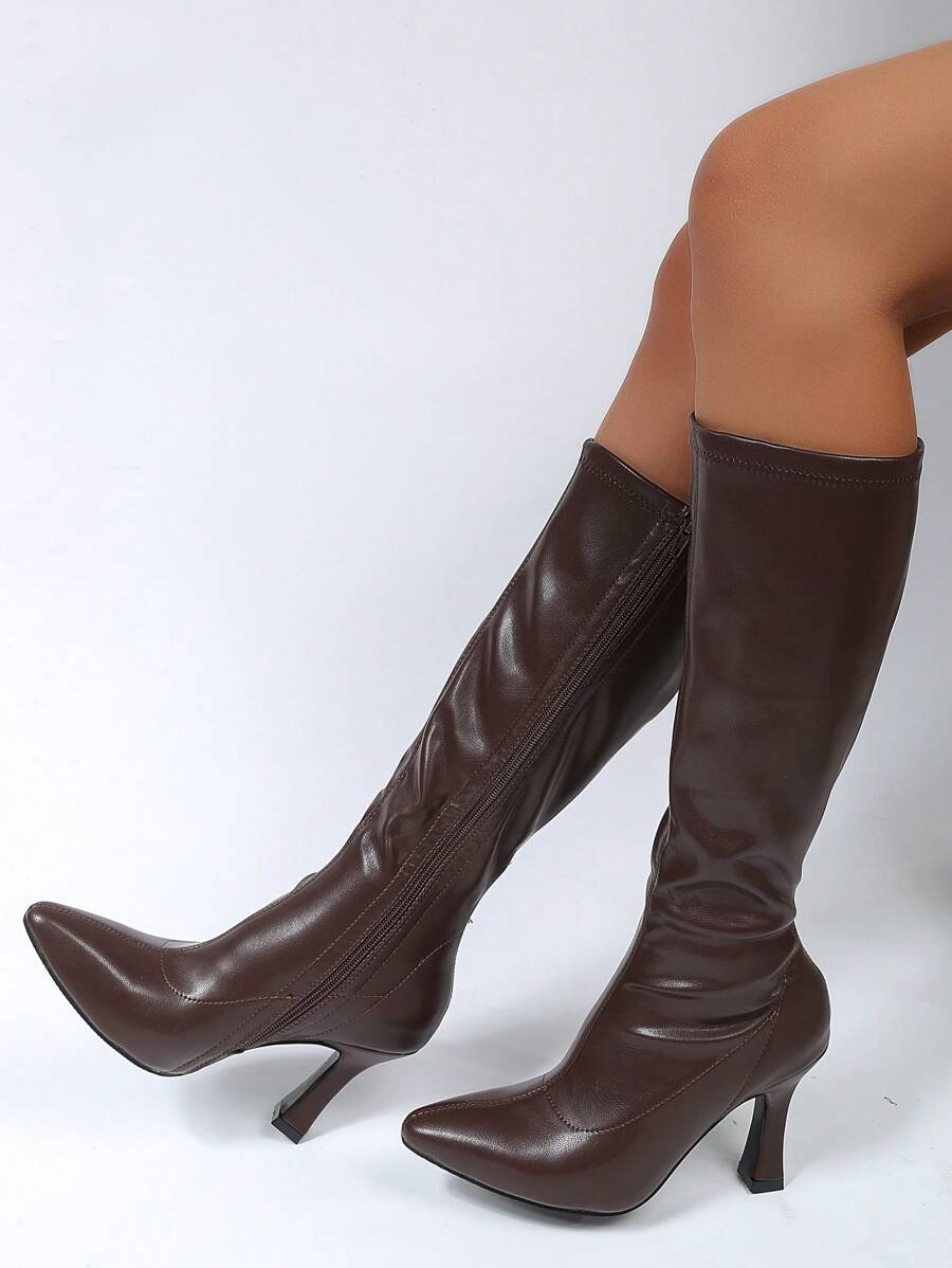 Women's Mid-calf Boots With Pointed Toe And Side Zipper In Brown