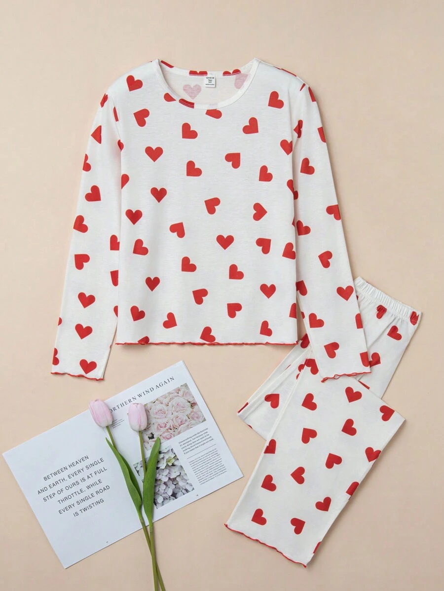 Chica adolescente Conjunto de pijama pantalones con camiseta con estampado de corazón