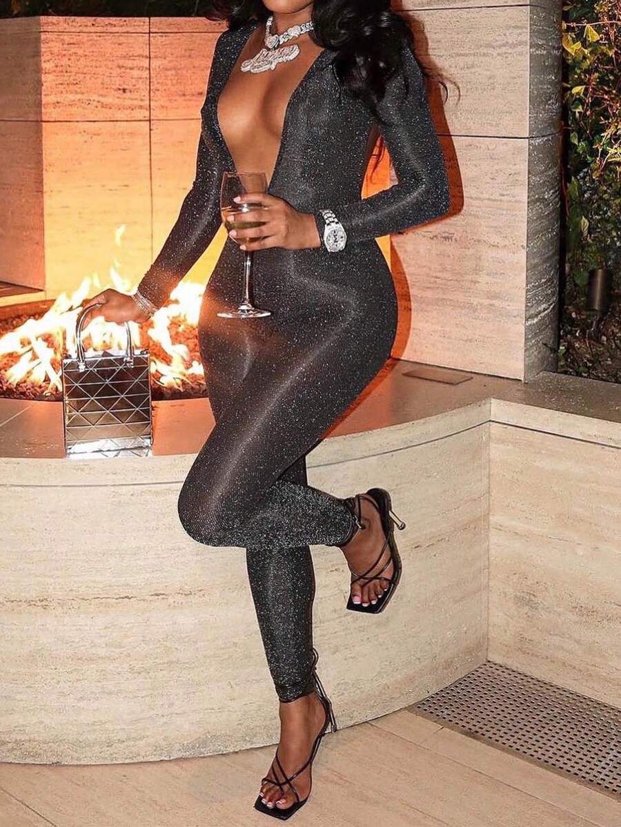 Plunging Neck Glitter Unitard Jumpsuit SHEIN USA