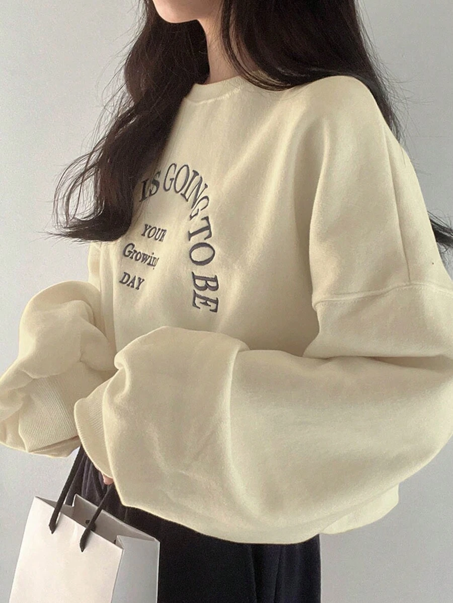 DAZY Embroidery Slogan Pattern Drop Shoulder Oversized Pullover,Long Sleeve Tops,Fall Women Clothes