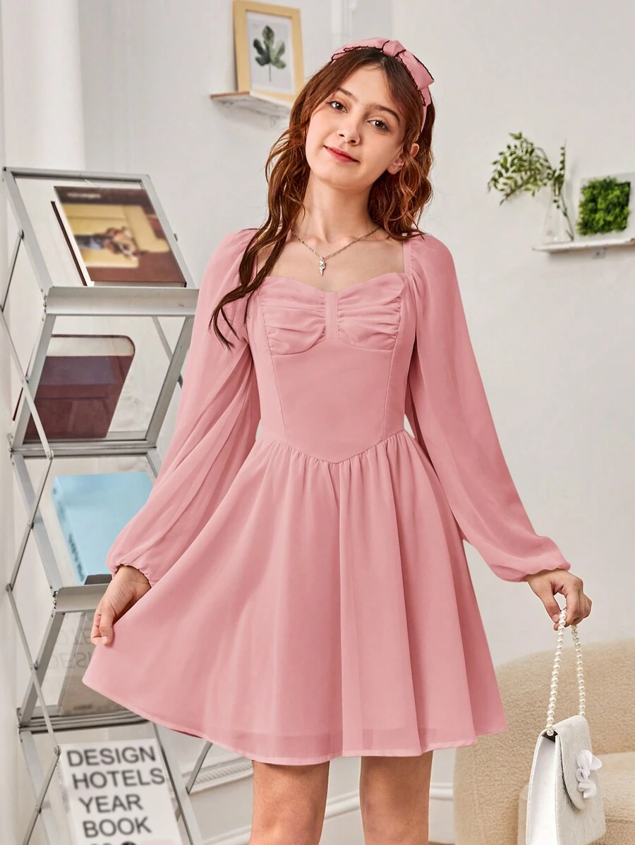 SHEIN Teen Girl Sweetheart Neck Ruched Bust Lantern Sleeve Dress