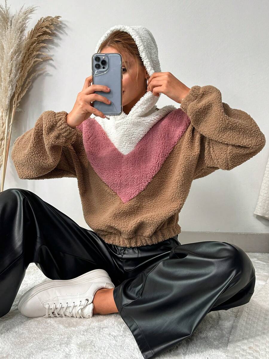 SHEIN Sweat-shirt à capuche En Molleton D'ours Colorblock Pour Femme