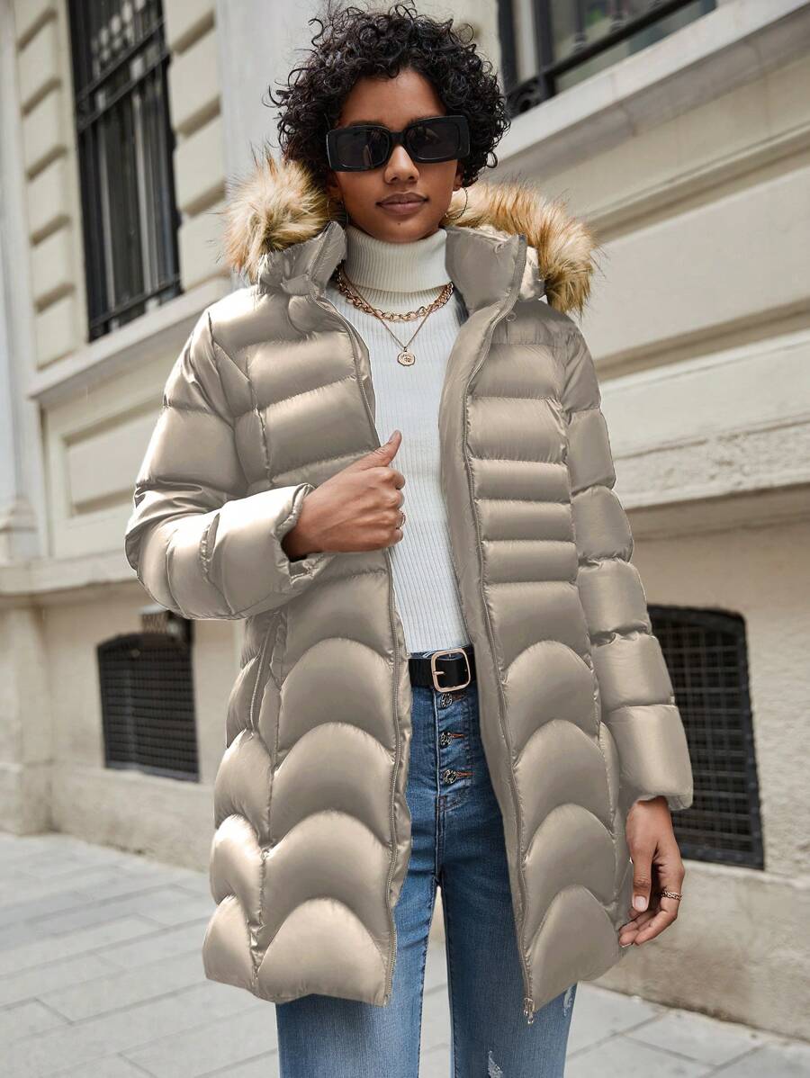 SHEIN Met rits Pluizige rand Met kap Pufferjas
