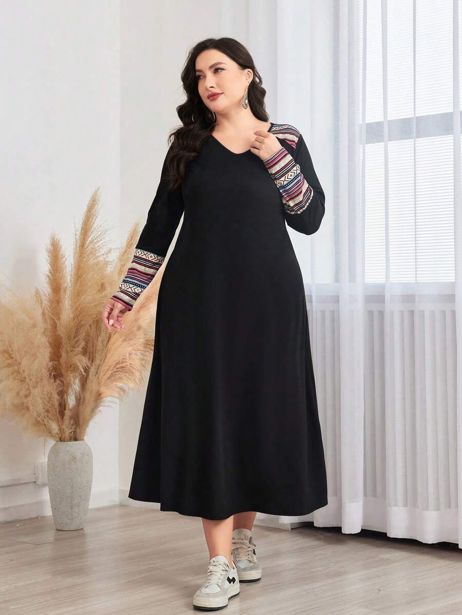 Lacomfia Plus Geo Print V Neck Dress Maxi Women Outfit