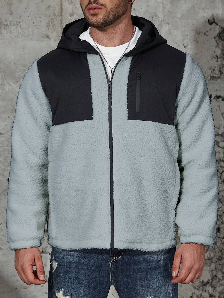 Manfinity Homme Abrigo acolchado con capucha con cremallera y bloques de color talla grande para hombres
