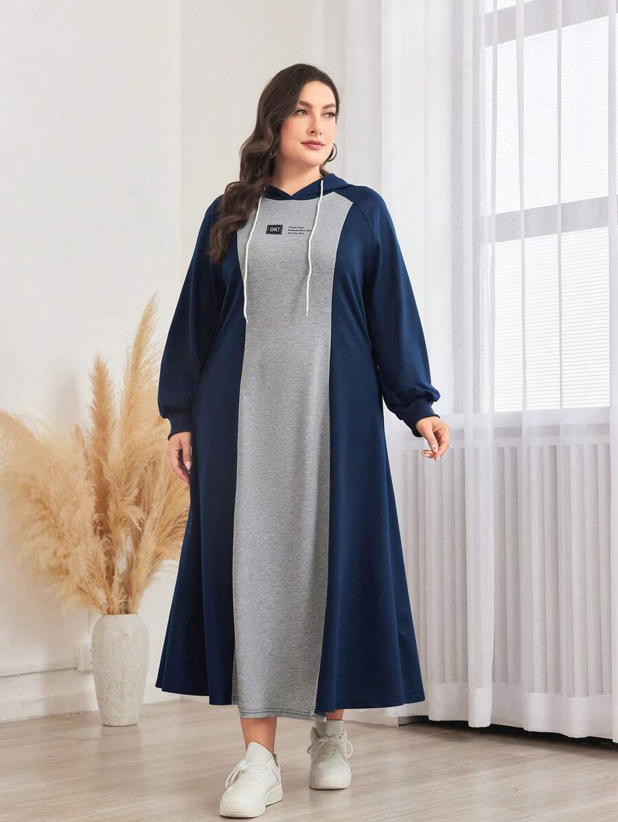 Mulvari Plus Letter Graphic Colorblock Drawstring Hooded Sweatshirt Dress Pullover Fall Outfit