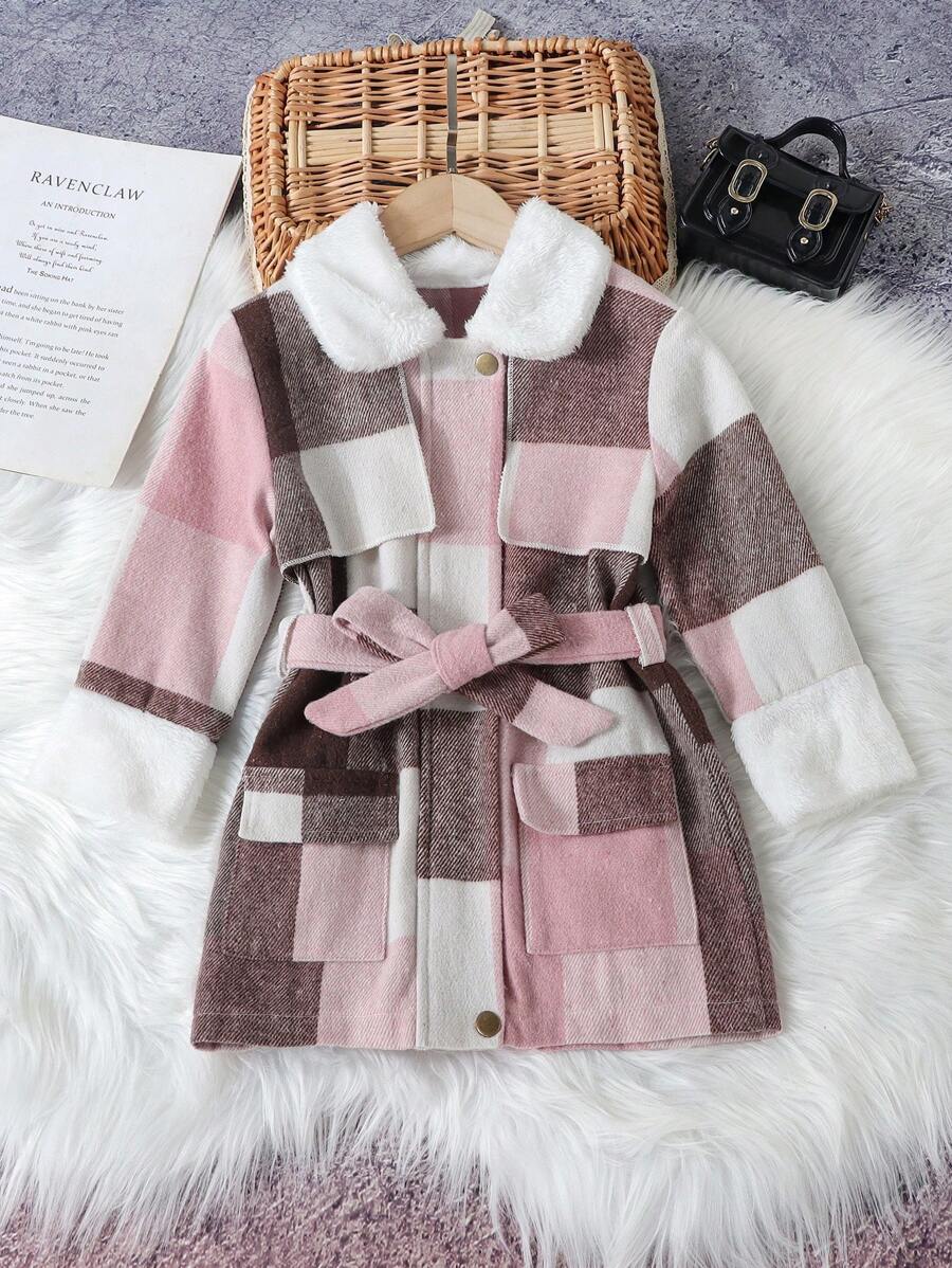 SHEIN Young Girl Plaid Print Borg Collar Belted Overcoat With Belt