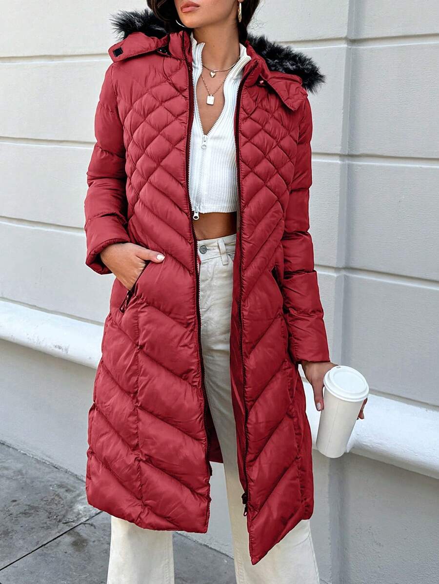 SHEIN Veste Matelassée Longue À Capuche Pour Femme Pour L'hiver
