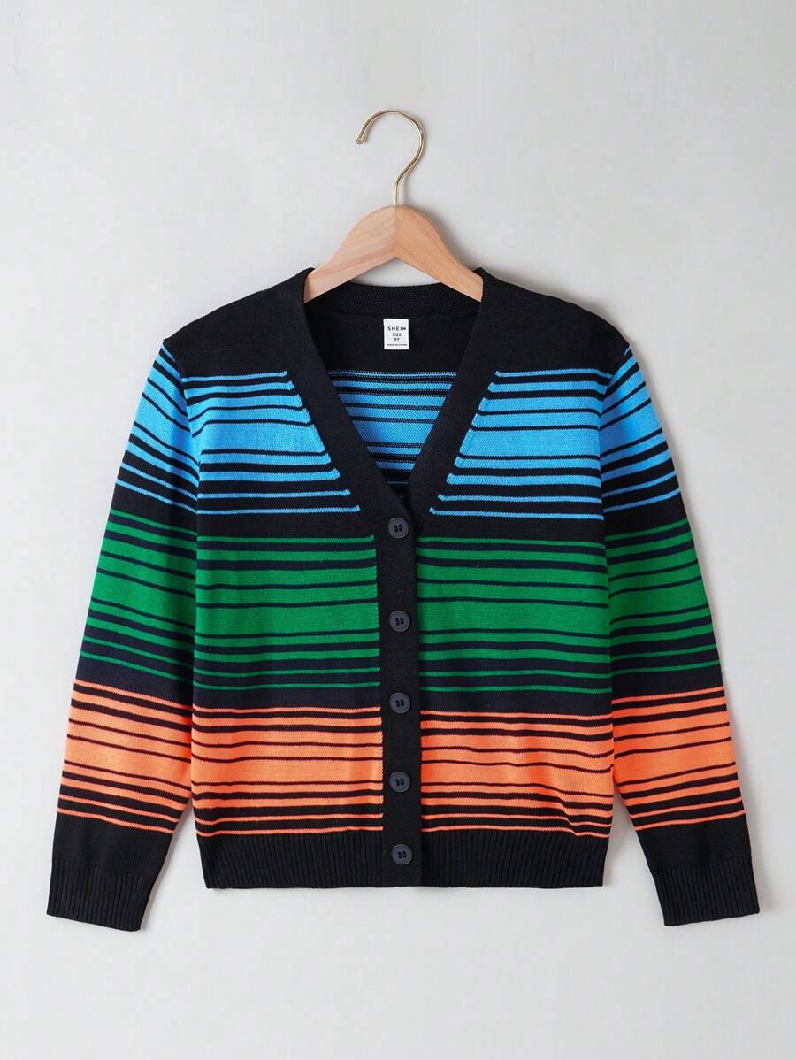 SHEIN Tween Boy 1pc Block Striped Pattern Cardigan