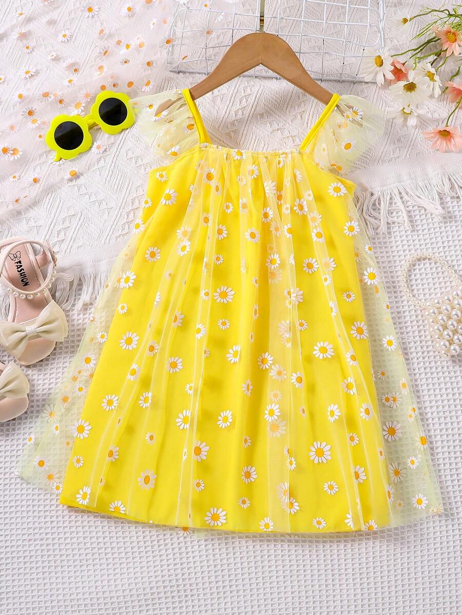 SHEIN Vestido Amarelo Vintage Com Estampa De Girassol E Margarida Para Meninas Com Decote Quadrado Para Um Visual De Verão Brilhante E Fresco