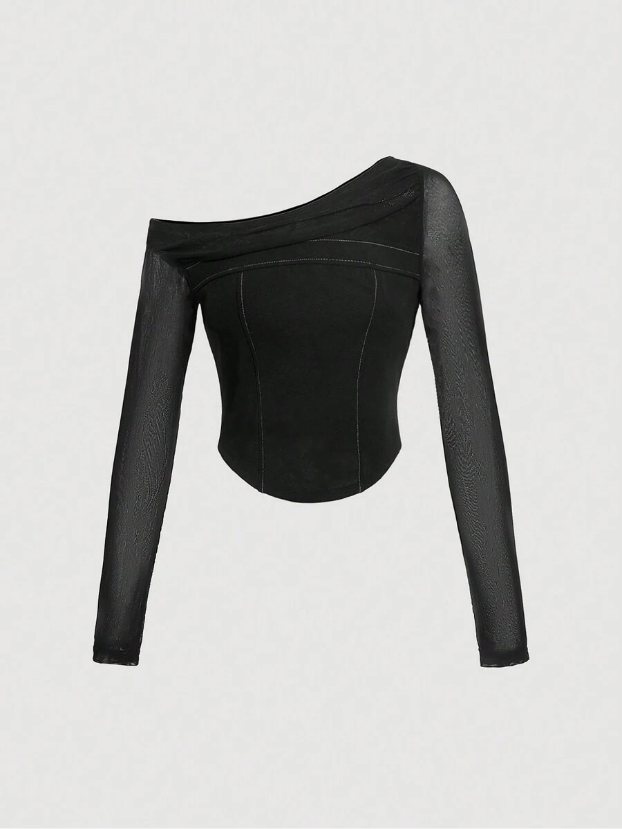 SHEIN MOD Asymmetrical Neck Contrast Stitch Mesh Sleeve Top