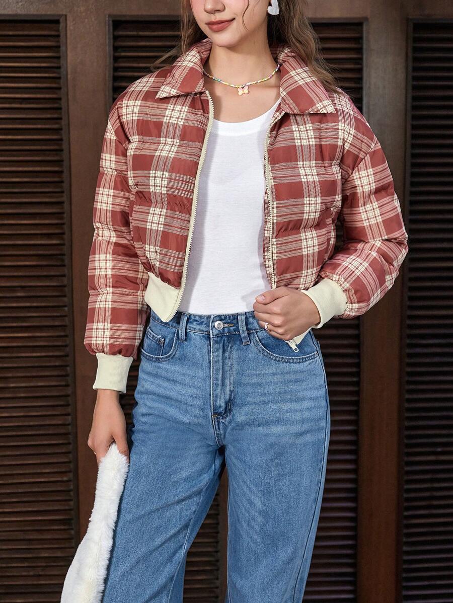 SHEIN EZwear Plaid Print Zip Up Crop Padded Coat