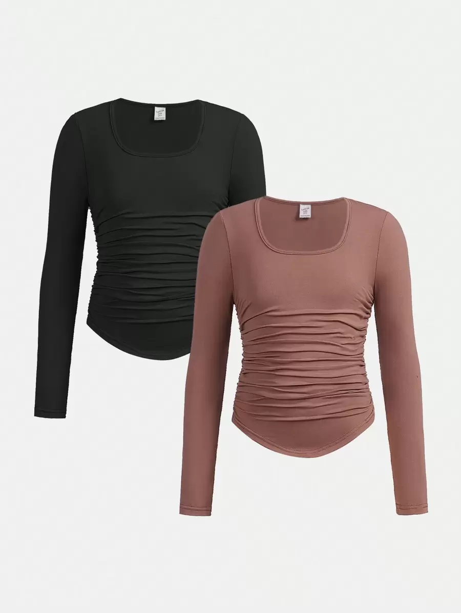 SHEIN Teenager Mädchen Gestricktes, einfarbiges, plissiertes T-Shirt mit quadratischem Ausschnitt, 2 teiliges Set