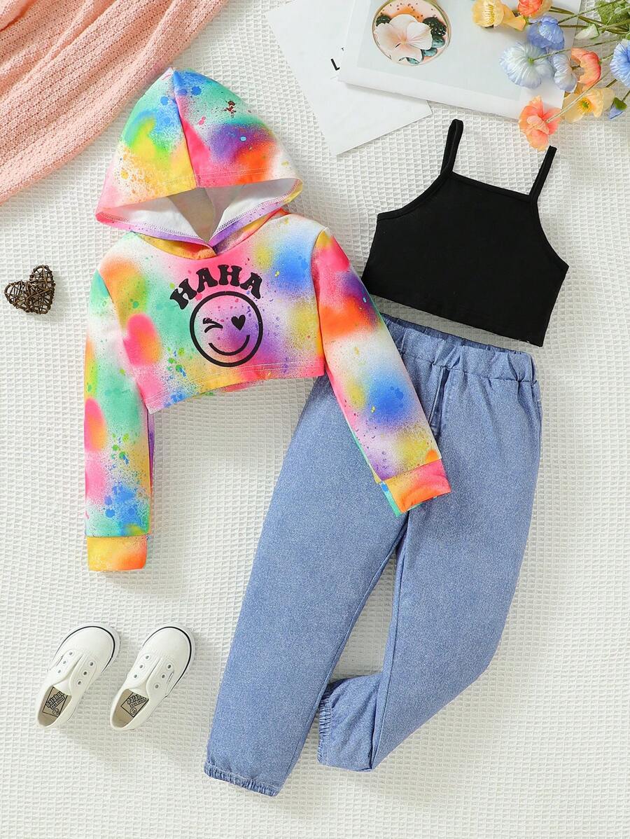 SHEIN Young Girl Tie Dye Expression Print Hoodie & Pants & Cami Top