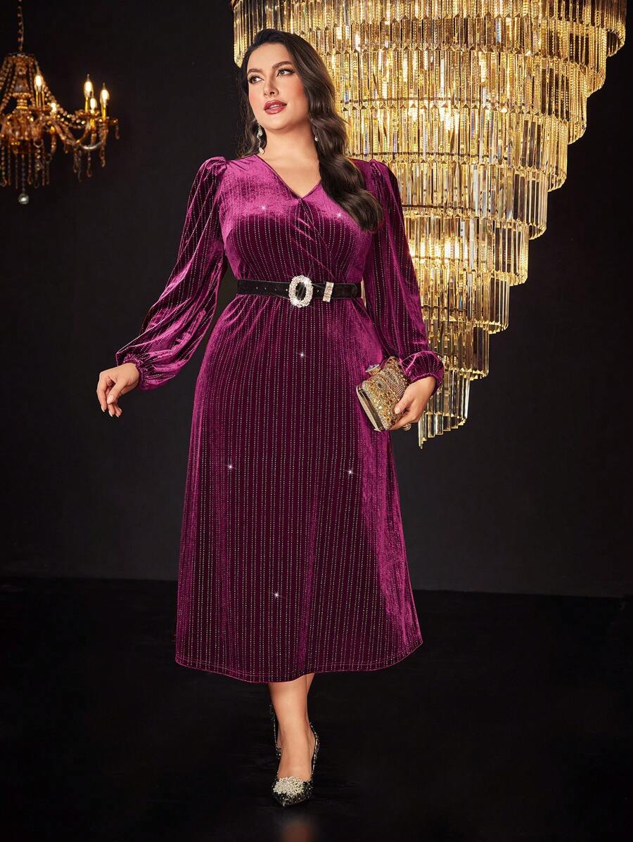 Modelyn Burgundy Red Plus Lantern Sleeve Velvet Dress Without Belt