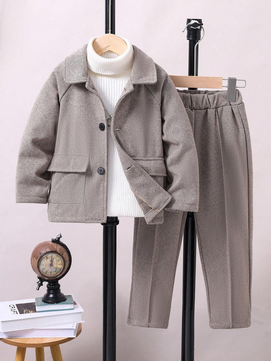 SHEIN Conjunto De Chaqueta De Traje Con Solapa Para Jovencito Y Pantalones Casuales