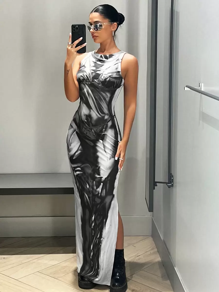 SHEIN ICON Graphic Print Split Thigh Tank Long Dress