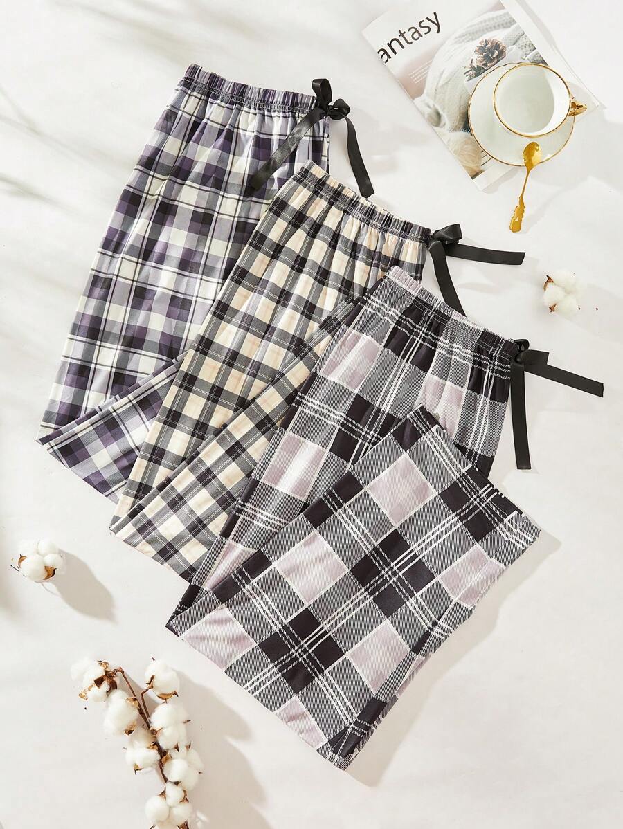 Plus 3pcs Plaid Print Bow Front Pajama Sleep Pants