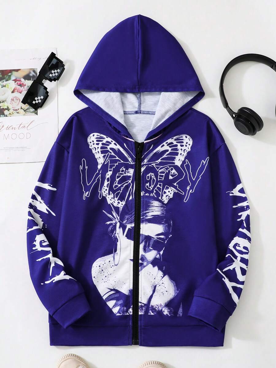 SHEIN Teenager Mädchen Kapuzenpullover mit Reißverschluss Buchstabe & Figur Grafik,