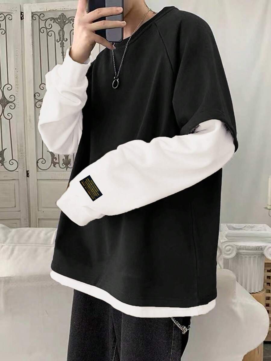 Manfinity Hypemode Sweat-shirt 2 En 1 À Manches Raglan Et Lettres Patchées Pour Hommes, Coupe Ample