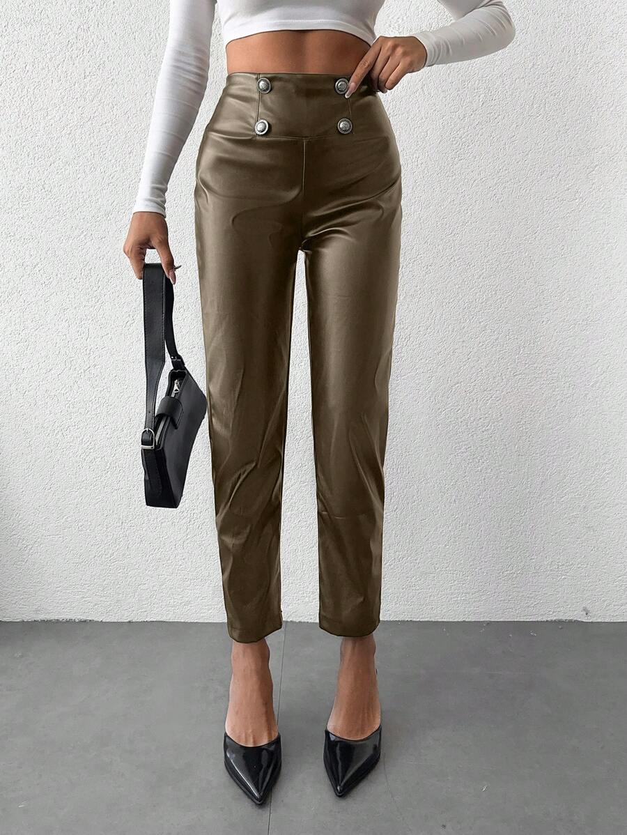 SHEIN Vrouwen PU Broeken Met knop Details