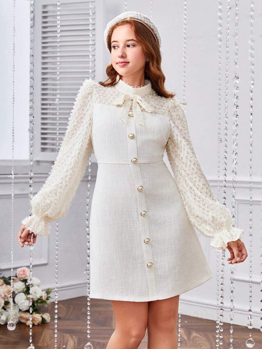 SHEIN Vestido De Retalhos Destacável De Nó De Borboleta De Lã Para Meninas Adolescentes Com Design Recortado